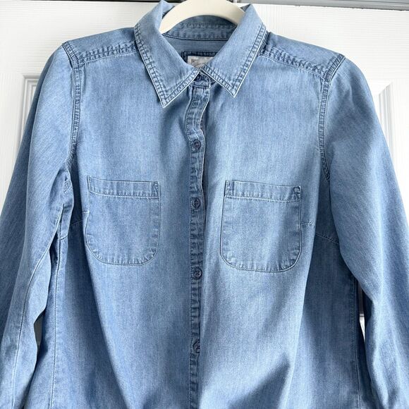 Style & Co Denim Shirt Size PM Blue Medium Wash Tie Front Western Style Cotton - Picture 2 of 9